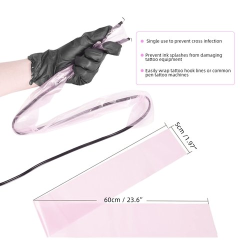ATOMUS 100pcs Tattoo Clip Cord Sleeves with 2pcs Self-adhesive Bandage Disposable Plastic Cover Bags Tattoo Pen Bag Tattoo Machine Accessories (Pink)