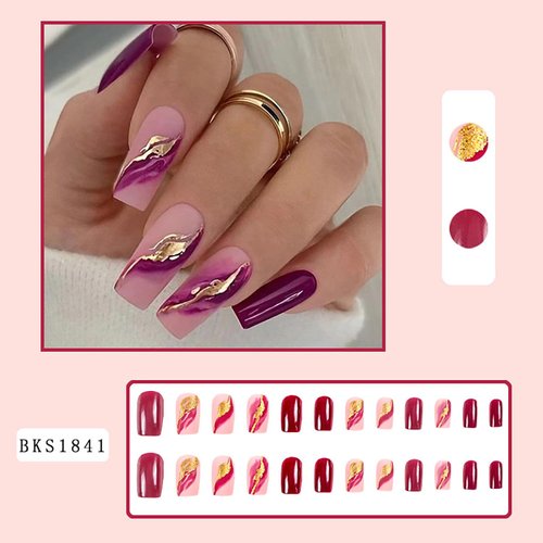 Vezocim Purple Press on Nails Square 24Pcs Glossy Full Cover Medium Acrylic Square False Nails with Gold Foils Designs Artificial Coffin Reusable Fake Nails Glue ons Fingernails for Women Girls
