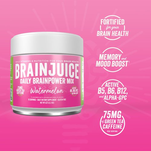 BrainJuice Nootropics Brain Support Supplement, Gluten Free Powder for Energy and Focus, Drink Mix with L Theanine, Alpha GPC, Vitamin B, Organic Green Tea Extract Caffeine, Watermelon, 15 Servings