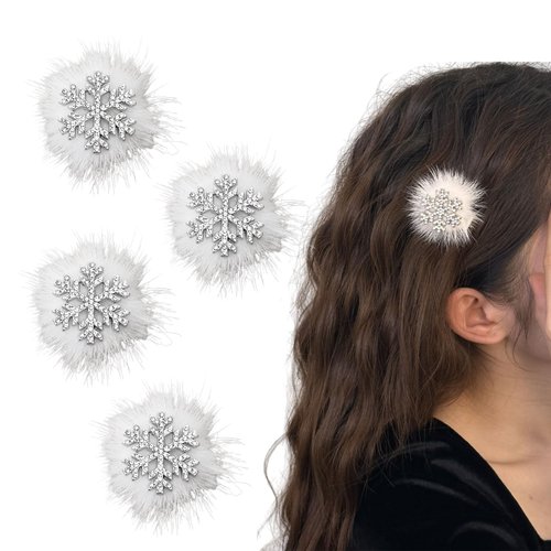 4 Pcs Plush Snowflake Hair Clip White Christmas Hair Accessories Snow Flake Rhinestone Princess Hairpin for Women Girls Winter Hair Decoration