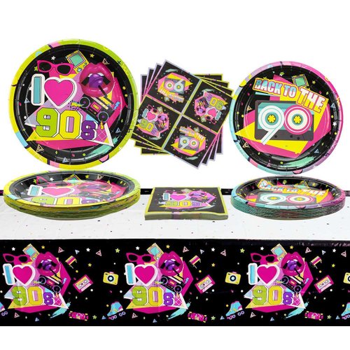 90s Party Supplies - 61 Pcs 90s Plates Napkins Tablecloth Set, for Back to the 90s Party Decorations, 90s Theme Birthday Party Supplies - Serves 20