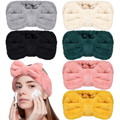 WILLBOND 6 Pack Microfiber Bowtie Headbands Elastic Makeup Headbands Wash Spa Yoga Sports Shower Adjustable Hair Band for Girls and Women (White, Yellow, Olive Green, Pink, Light Gray, Black)