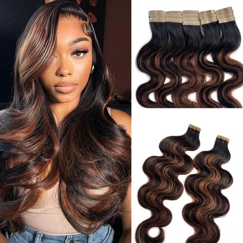 Body Wave Tape in Brown Human Hair Extensions, Ombre Human Hair Extensions Highlight Off Black to Black with Medium Brown Hair Extensions Human Hair Tape ins Skin Weft Hair Extensions for Women