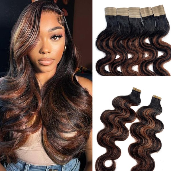 Body Wave Tape in Brown Human Hair Extensions, Ombre Human Hair Extensions Highlight Off Black to Black with Medium Brown Hair Extensions Human Hair Tape ins Skin Weft Hair Extensions for Women