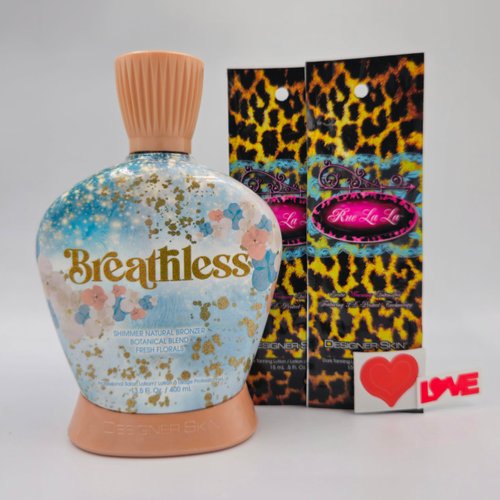 Designer Skin Breathless Shimmer Natural Bronzer Tanning Lotion 13.5 fl oz with 2 packets of Rue La La and Body Stickers