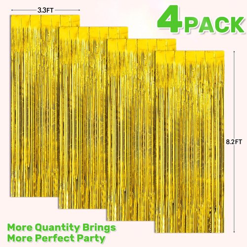 BFONS 4-Pack Backdrop for Party Decorations, Foil Fringe Backdrop Curtains, Tinsel Streamers for Birthday Party Decorations, Gold Backdrop Curtains for Girl Graduation Disco Parties