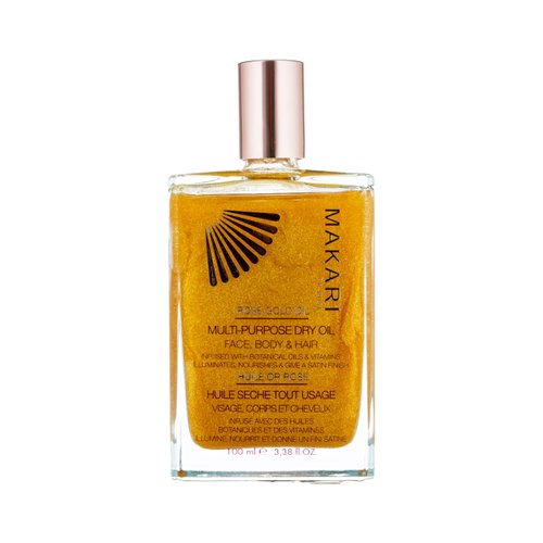Makari 24K Rose Gold Multi-Purpose Dry Shimmer Oil (3.38 fl oz) | Body Shimmer Oil for Face, Hair and Body | Shimmer Body Oil with Real Gold Flakes | Luxurious Dry Body Oil and Shimmering Body Oil