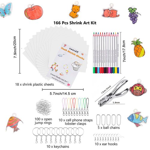 Shrink Plastic Sheet Kit, 166 Pcs Shrink Art Kit Include 10Pcs Shrink Film Paper and 8 Pcs Shrinky Art Paper with Pattern, Hole Punch, Keychains Accessories and Pencils for Kids Creative Craft