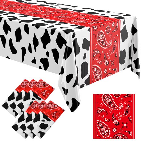 Oudain 6 Pcs 54 x 108 Western Party Decorations Cowgirl Rodeo Paisley Tablecloths Plastic Rectangle Table Runner Table Cover Birthday Decorations for Western Cowboy (Red)