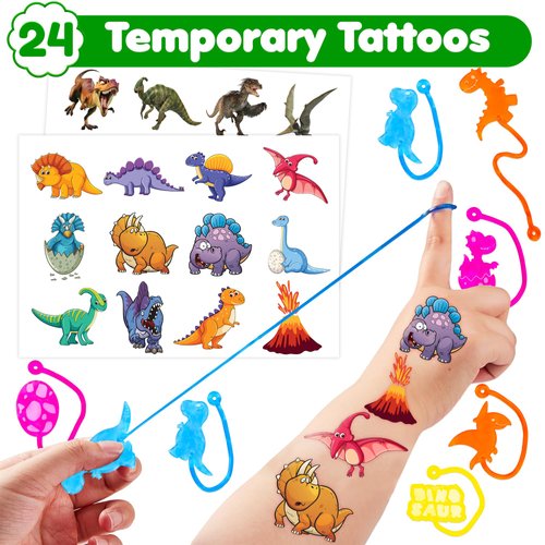 36PCS Dinosaur Party Favors - 24PCS Temporary Tattoos 12PCS Sticky Hands Perfect Birthday Supplies for Kids Stretchy Fidget Goodie Bag Stuffers Treasure Box Toys Classroom Prizes Student Gifts