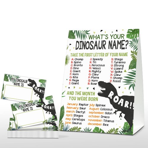 What's Your Dinosaur Name Game - Safari Jungle Birthday Party Games for Boys - Family School Classroom Activity - 1 Standing Sign and 30 Stickers - Kids Dino Party Supplies Decorations(01)