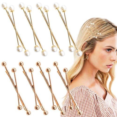 8 PACK X Shaped Gold Metal Hair Bobby Pins, Minimalist Hair Accessories, Pearl Hair Clips, for Women Decorative Hair Pins for Parties, Wedding, Prom, and Special Occasions