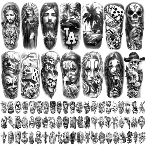 77 Sheets Chicano Cholo Chola Temporary Tattoos Realistic Adult Fake Tattoos Gangster Prisoner Day of the Dead Ride or Die Chola Mexico Payasas Lowriders Joker Tattoo Stickers for Men Women