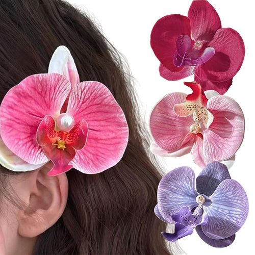 3 Colors Flower Hair Clips, Bohemian Butterfly Orchid Hairpin, Artificial Phalaenopsis Hair Barrette for Seaside Holiday, Bridal Hair Accessories Bobby Pins Headwear for Woman Girl Lady Kids
