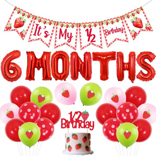Sursurprise Strawberry Half Birthday Decorations, It’s My 1/2 Birthday Banner, Strawberry 6 Months Balloons, 1/2 Birthday Cake Topper for Girls 1/2 Birthday Party Supplies