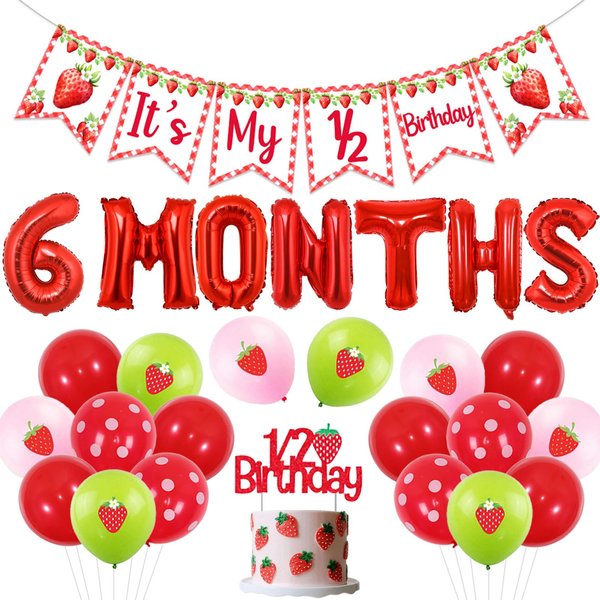 Sursurprise Strawberry Half Birthday Decorations, It’s My 1/2 Birthday Banner, Strawberry 6 Months Balloons, 1/2 Birthday Cake Topper for Girls 1/2 Birthday Party Supplies