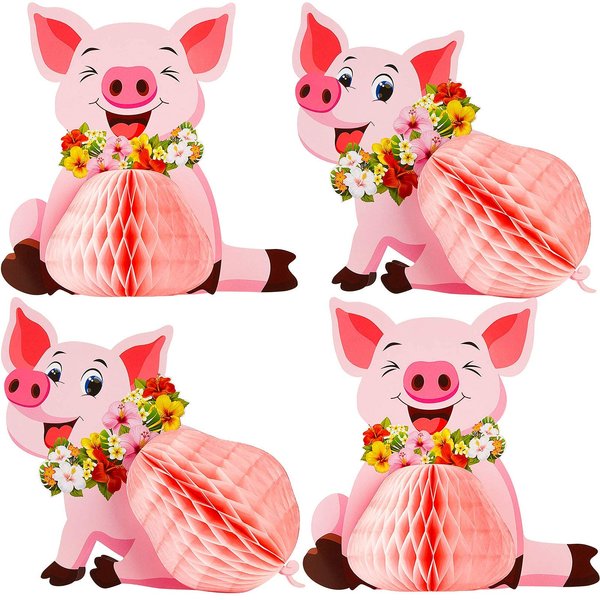 Zonon Pig Party Decorations Luau Pig Honeycomb Centerpieces Tabletop Pig Birthday Party Supplies for Tropical Hawaiian Pig Birthday Party Luau Table Decoration(4 Pieces)