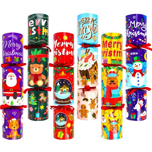 XINLONE Christmas Party Favors 6 Pack Christmas Crackers with Random Little Gifts Inside Non-Snap Christmas Design Party Table Favors with Holiday Party Favor Supplies