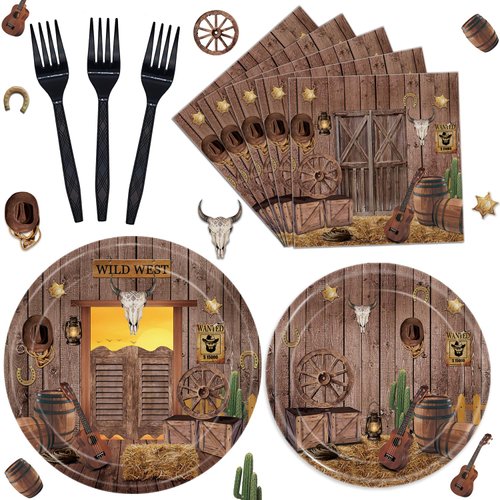 Oigco Western Cowboy Party Plates and Napkins Set Coowboy Party Decorations Supplies Wild West Theme Party Set Includes Plate Napkins Forks, Serves 24 Guests