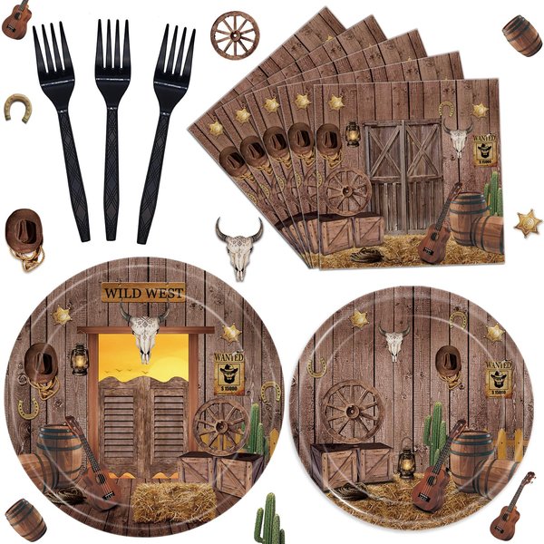 Oigco Western Cowboy Party Plates and Napkins Set Coowboy Party Decorations Supplies Wild West Theme Party Set Includes Plate Napkins Forks, Serves 24 Guests