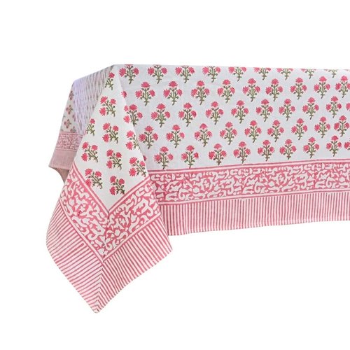 ATOSII Gulbahar White Pink 100% Cotton Fall Rectangle Tablecloth, Hand Block Print Washable Table Cover, Christmas Parties Buffet Dining, Weddings, Thanksgiving, Halloween, 60 X 90 Inches, 6 Seater