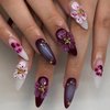 LPOODDNU 3D Handmade Press on Nails with Charms Medium Almond Fake Nails Cute Purple White Nails Press ons 3D Flowers Stick on Nails Almond Shape Acrylic Nails Pearl Nails for Women Daily Wear