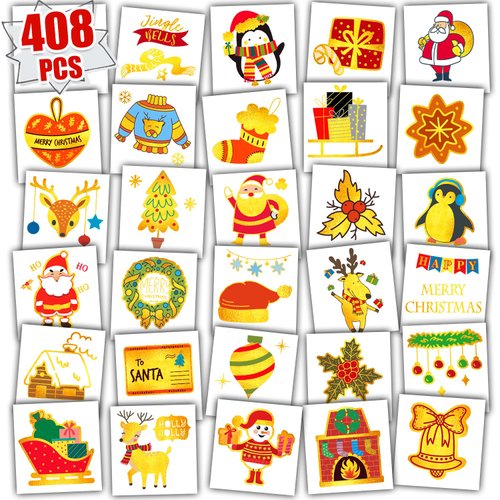 Leesgel 68 Sheets Kids Christmas Glitter Temporary Tattoos, Christmas Party Decorations Supplies Santa Claus Xmas Tree Socks Fake Tattoos for Boys Girls, Christmas Eve Party Goodie Bags Fillers