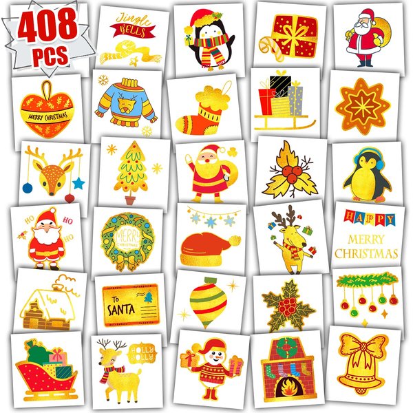Leesgel 68 Sheets Kids Christmas Glitter Temporary Tattoos, Christmas Party Decorations Supplies Santa Claus Xmas Tree Socks Fake Tattoos for Boys Girls, Christmas Eve Party Goodie Bags Fillers
