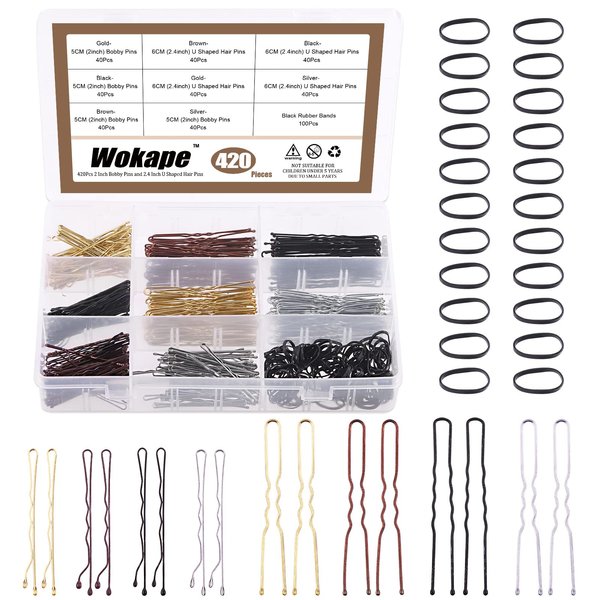 Wokape 420Pcs 2" Bobby Pins and 2.4" U Shaped Hair Pins with Black Rubber Bands Soft Elastic Bands Assortment Kit, Blonde Hair Pins for Buns Women Girls with Storage Box