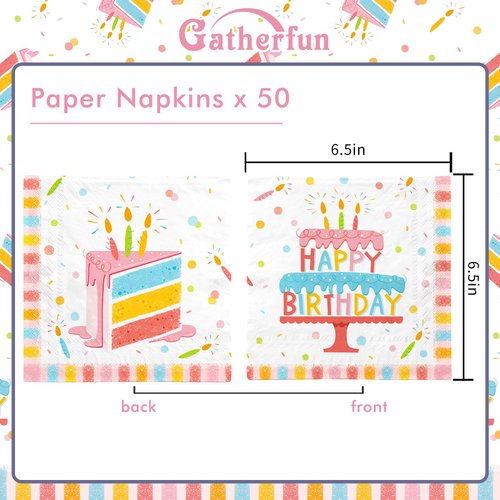 Happy Birthday Party Supplies Set - with Cake Design, Featuring Happy Birthday Cake Napkins, Suitable for Adults and Kids Birthday Decorations (6.5X6.5 in, 3-Ply Disposable, 50-Pack)