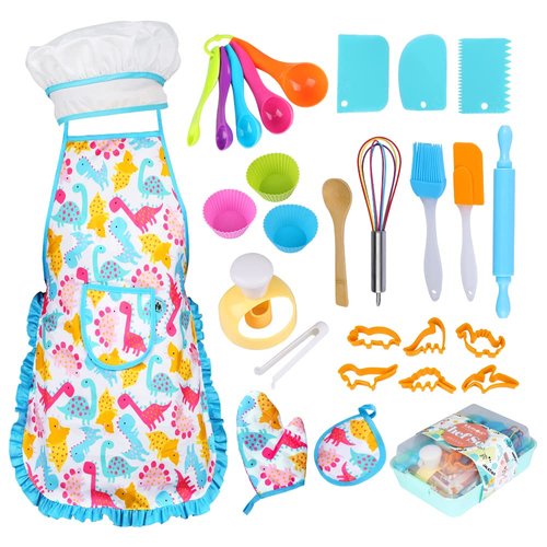 Kkmon Kids Cooking and Baking Set - 28Pcs Includes Kids Chef Hat and Dinosaur Apron ,Oven Mitt and Cooking Utensils , Dress Up Chef Role Play Costume for Toddlers Age 3+ Years Old Girls Boys Toys Gift
