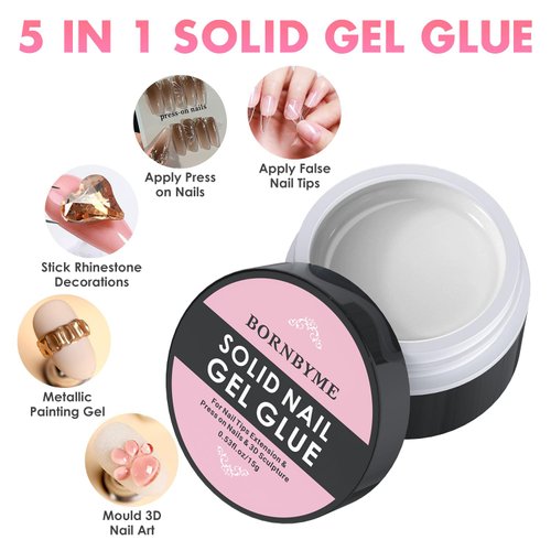 Solid Gel Nail Glue, BORNBYME 5 in 1 Glue Gel for Acrylic Nail Tips Press on Nails,3D Sculpture Gel, Rhinestone Glue Gel, Metallic Gel