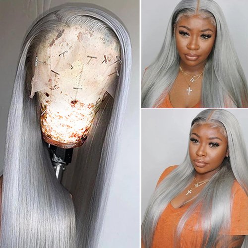 Silver Grey Lace Front Wigs Human Hair, Pre Plucked Grey Human Hair 13x4 HD Transparent Lace Frontal Wig with Baby Hair Glueless Silver Straight Lace Front Wigs for Black&White Women 22 Inch