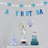 Zwiebeco Blue White Silver Happy Birthday Banner Sign Airplane Clouds Theme Birthday Banner Hanging Paper Birthday Party Decorations Supplies for Babys Kids Boys Girls Children's Birthday Decorations