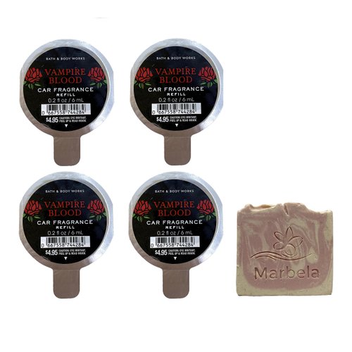 Bath & Body Works Vampire Blood Car Fragrance Refills - Pack of 4 with a Himalayan Salts Springs Sample Soap.