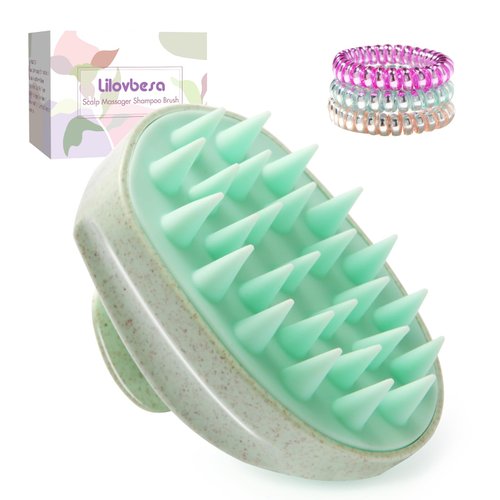 Lilovbesa Scalp Massager Shampoo Hair Brush, Scalp Scrubber Head Exfoliator Brush with Soft Silicone Bristles for Women Men Kids Pets Shower and Wet Dry Hair，Includes 3 Pcs Spiral Hair Ties(Green)