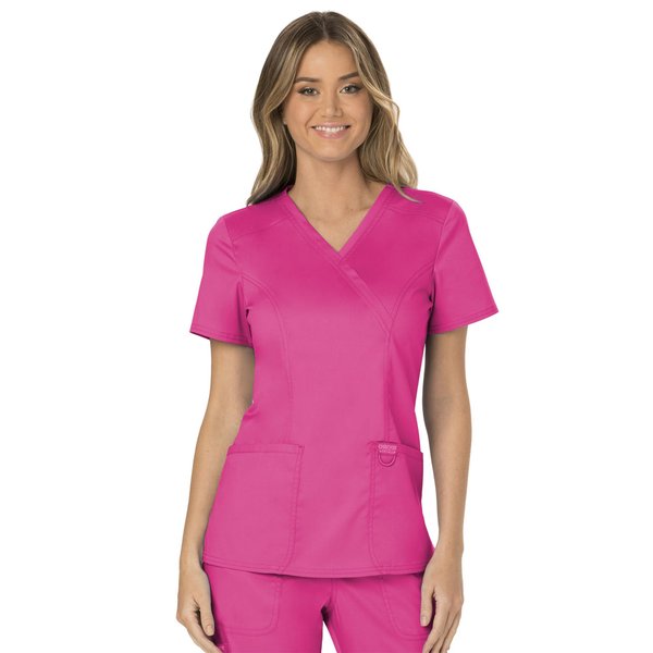 Cherokee Scrubs for Women Mock Wrap Top with 3 Pocket, Back Princess Seams WW610, S, Electric Pink