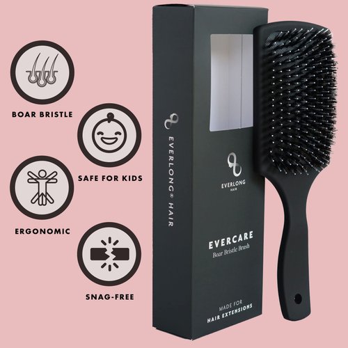 Everlong Hair Boar Bristle Brush, Black, Adds Shine & Promotes Hair Growth, Scalp Massage & Detangling, Safe for All Hair Types Extensions & Wigs, Matte Black Coated Ergonomic Handle