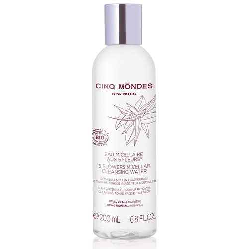Cinq Mondes Five Flowers Micellar Cleansing Water 6.8 Fl.oz.- French-Crafted Organic Waterproof Eye Makeup Remover - Natural Balinese Flower Extracts - Cleanse And Tone The Skin