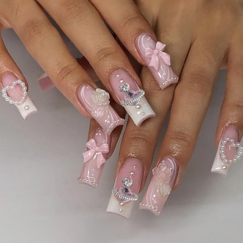 Medium Coffin Press on Nails Pink Fake Nails Square Acrylic False Nails with 3D Galaxy Floral Bow Heart Pearls Rhinestones & Gems Design Cute Stick on Nails French Style Glossy Glue on Nails for Women