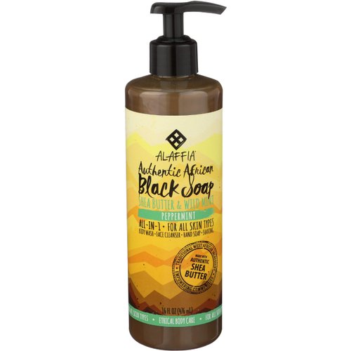 Alaffia - Authentic African Black Soap, All-in-One Body Wash, Shampoo, and Shaving Soap For All Skin and Hair Types, Fair Trade, No Parabens, Non-GMO, No SLS, Peppermint, 16 Ounce