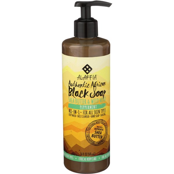 Alaffia - Authentic African Black Soap, All-in-One Body Wash, Shampoo, and Shaving Soap For All Skin and Hair Types, Fair Trade, No Parabens, Non-GMO, No SLS, Peppermint, 16 Ounce