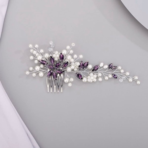 Chargances Bride Wedding Crystal Pearl Hair Comb Purple Rhinestone Flower Hair Vine Comb Fashion Handmade Headpiece Bridal Hair Accessories for Wedding Prom Flower Girl (Purple)