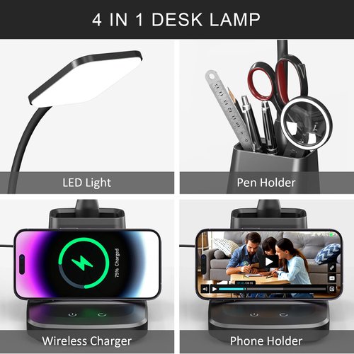 Vicsoon Desk Lamp with Wireless Charger, LED Desk Lamps for Home Office, 800 Lumens, Small Desk Lamp with Pen Holder, Flexible Arm, 3 Modes, Dimming, Touch Lamp for College Dorm Room