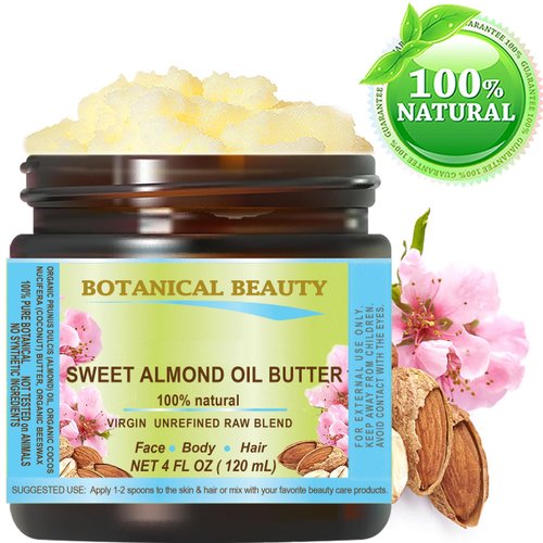 Botanical Beauty SWEET ALMOND OIL BUTTER Pure Natural Virgin Unrefined RAW 4 Fl. Oz.- 120 ml for FACE, SKIN, BODY, DAMAGED HAIR, NAILS.