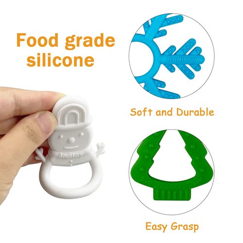 Anditoy 4 Pack Christmas Teething Toys Christmas Teether for Christmas Stocking Stuffers Party Favors Gifts