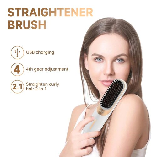 Casbomy Hair Straightener Brush, Travel Hair Straightener, 3 Modes Cordless Portable Straightening Brush for Women, Mini Size Hot Comb, Charging with tp-c(White)