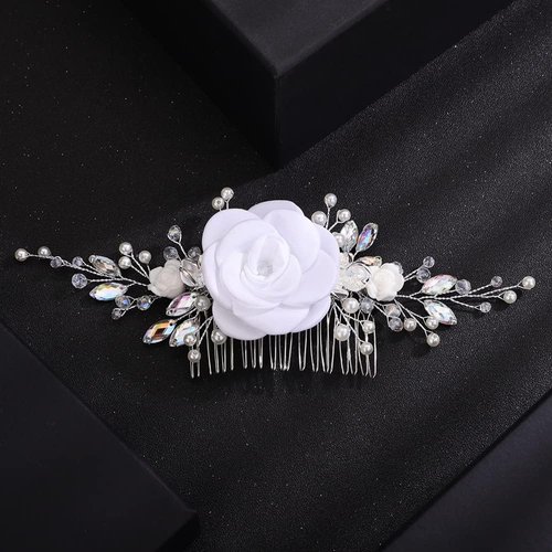 BERYUAN White Rose Flower Wedding Hair Comb Ab Color Rhinestone Pearls Wedding Hair Side Comb Handmade Rose Flower Bridal Headpiece for Women Girls (white)