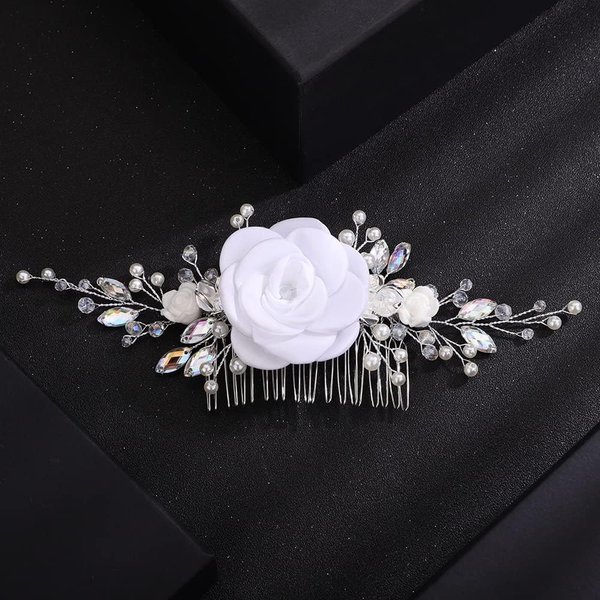 BERYUAN White Rose Flower Wedding Hair Comb Ab Color Rhinestone Pearls Wedding Hair Side Comb Handmade Rose Flower Bridal Headpiece for Women Girls (white)