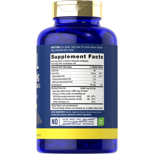 Carlyle Fish Oil 3600mg | 1080mg Omega 3 | 120 Count | Non-GMO and Gluten Free Supplement